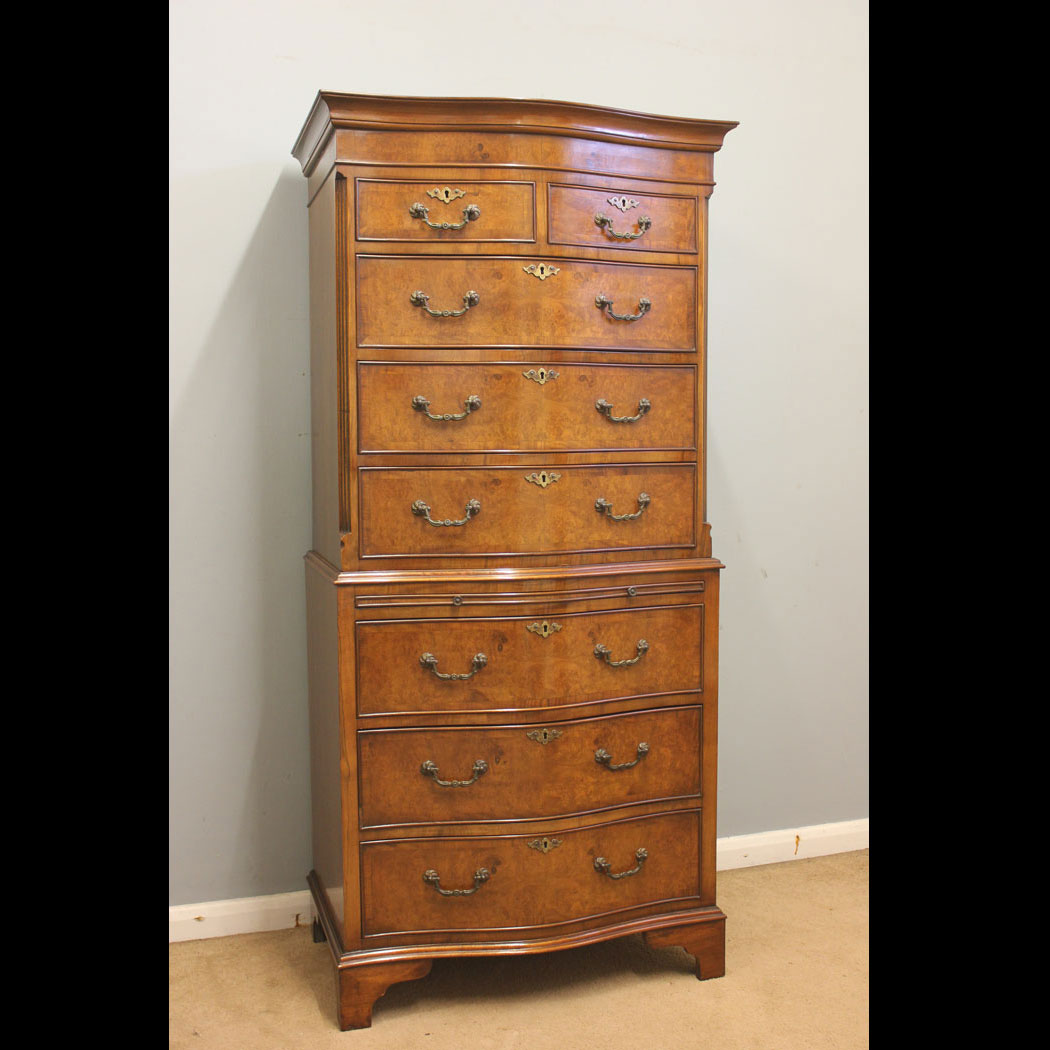 12433r01 Antique Burr Walnut Serpentine Chest on Chest of Drewers, Antique Burr Walnut Serpentine Chest on Chest of Drawers