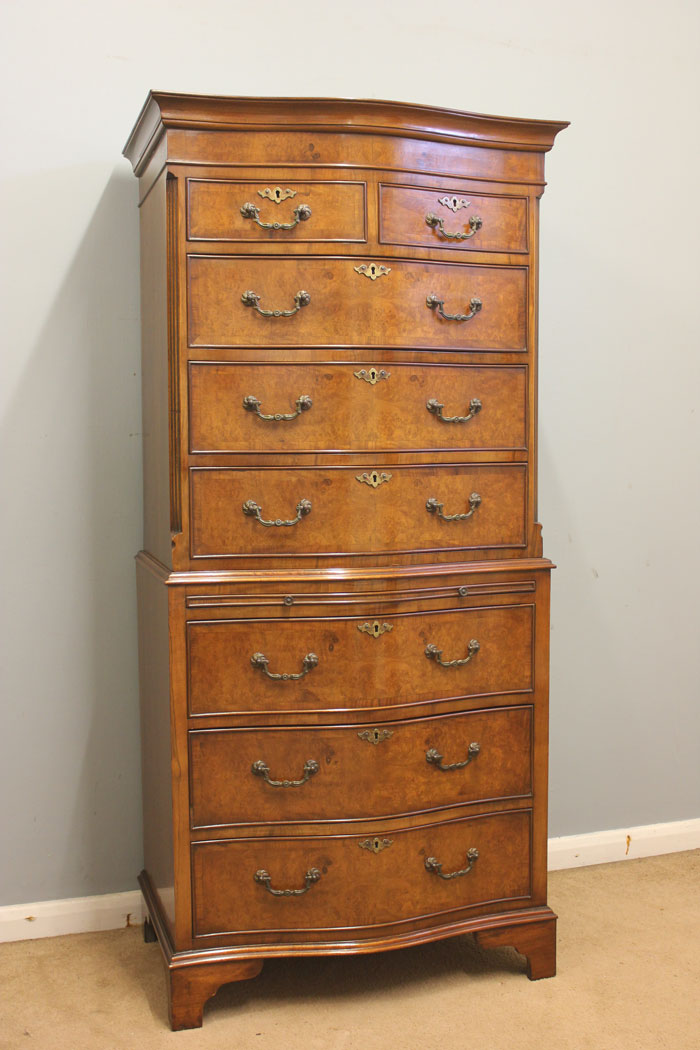 12433r1 Antique Burr Walnut Serpentine Chest on Chest of Drawers, Antique Tallboy Chest on Chest of Drawers