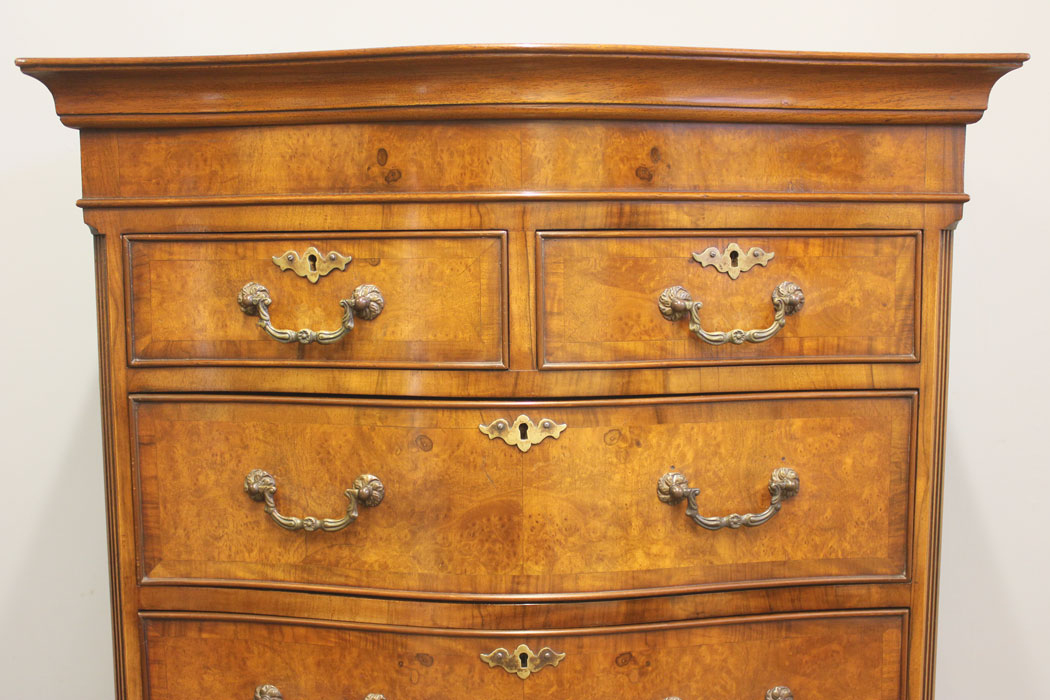 12433r10 Antique Burr Walnut Serpentine Chest on Chest of Drawers, Antique Tallboy Chest on Chest of Drawers