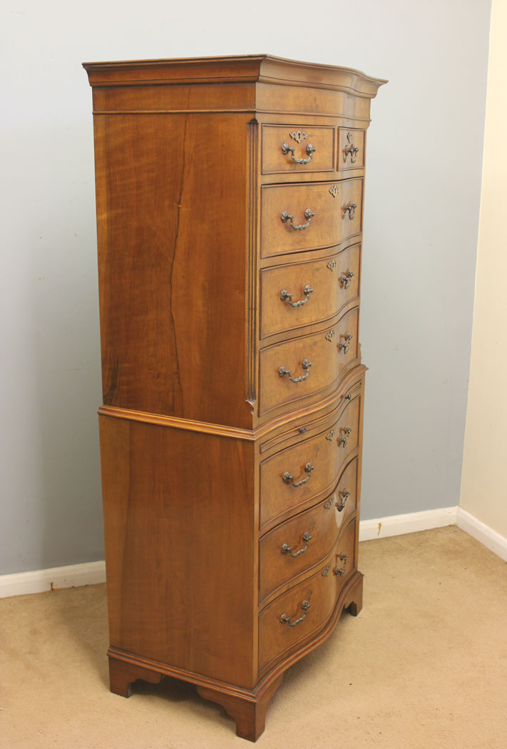 12433r3 Antique Burr Walnut Serpentine Chest on Chest of Drawers, Antique Tallboy Chest on Chest of Drawers