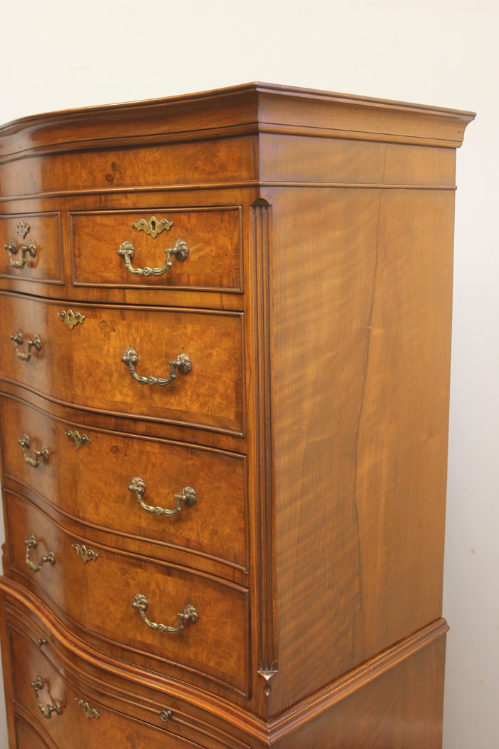 12433r4 Antique Burr Walnut Serpentine Chest on Chest of Drawers, Antique Tallboy Chest on Chest of Drawers