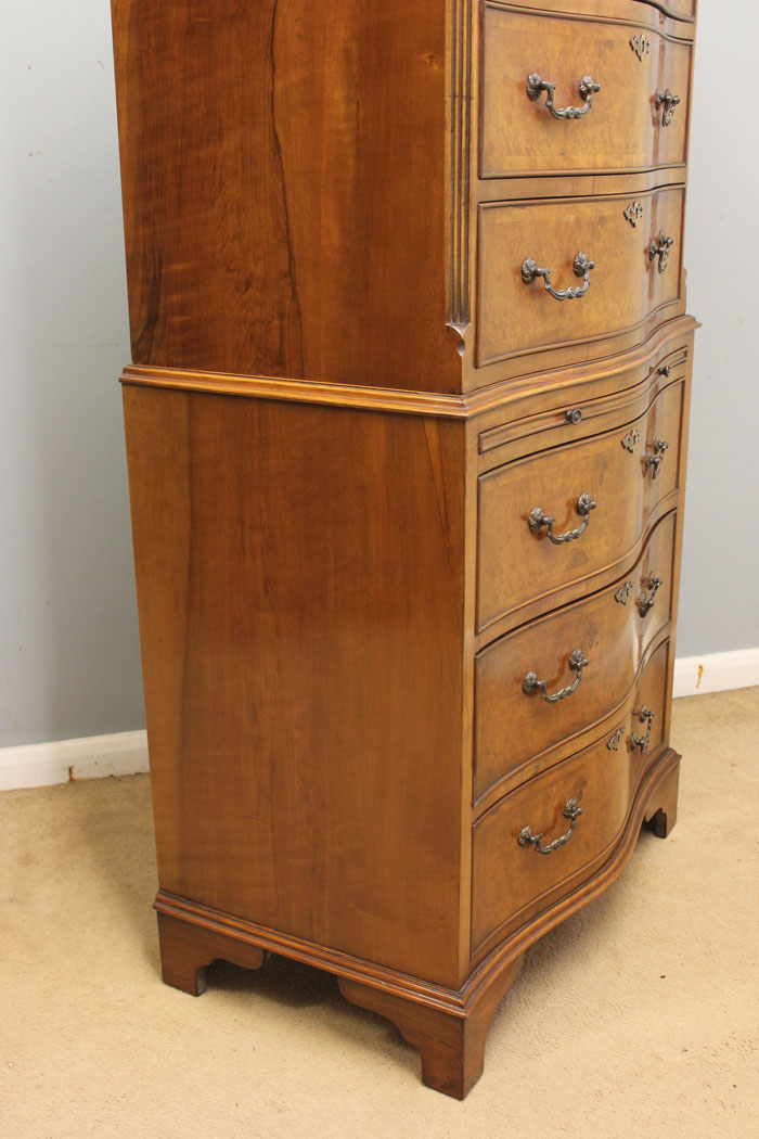 12433r7 Antique Burr Walnut Serpentine Chest on Chest of Drawers, Antique Tallboy Chest on Chest of Drawers
