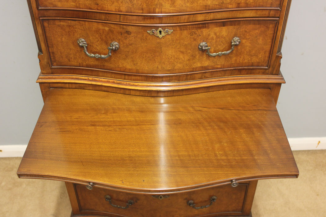 12433r9 Antique Burr Walnut Serpentine Chest on Chest of Drawers, Antique Tallboy Chest on Chest of Drawers