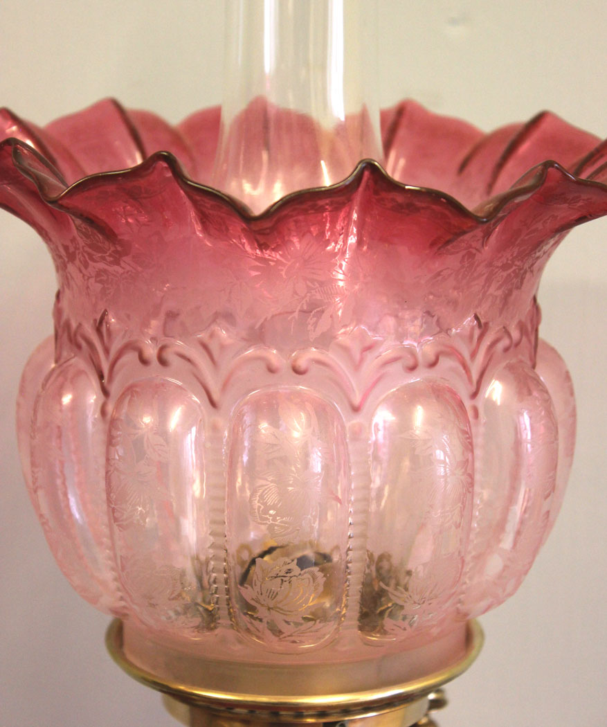 12444r9 Antique Victorian Cranberry Glass Oil Lamp, Antique Corinthian Column Cranberry Glass Oil Lamp