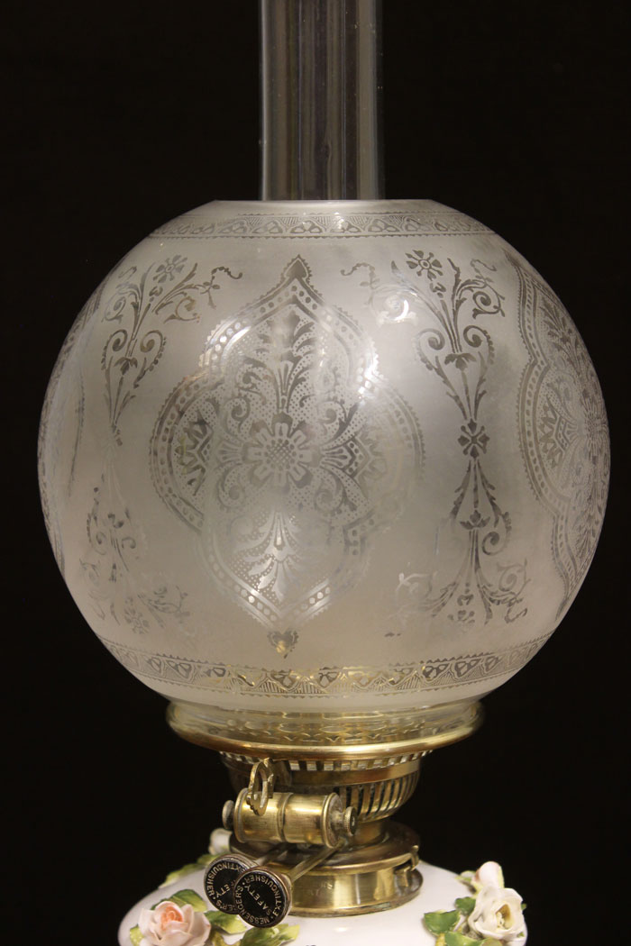 12446r2 Antique Porcelain Table Oil Lamp, Antique Porcelain Table Oil Lamp and Shade