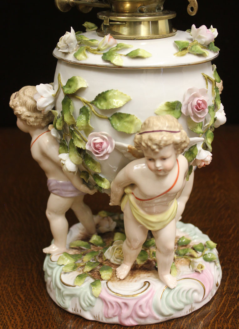 12446r7 Antique Porcelain Table Oil Lamp, Antique Porcelain Table Oil Lamp and Shade