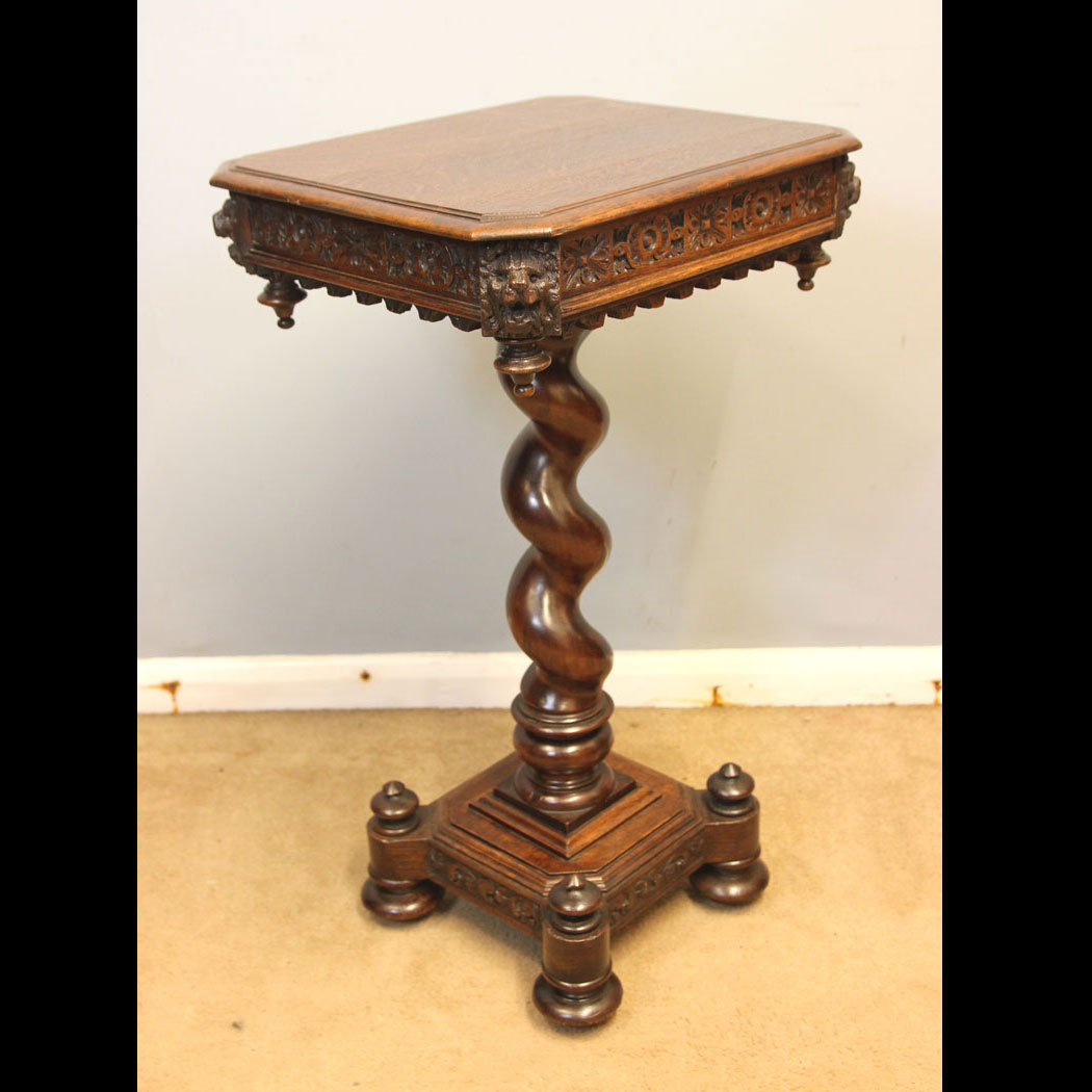 12463r01 Antique Carved Oak Side Table, Antique Carved Oak Wine Occasional Side Table