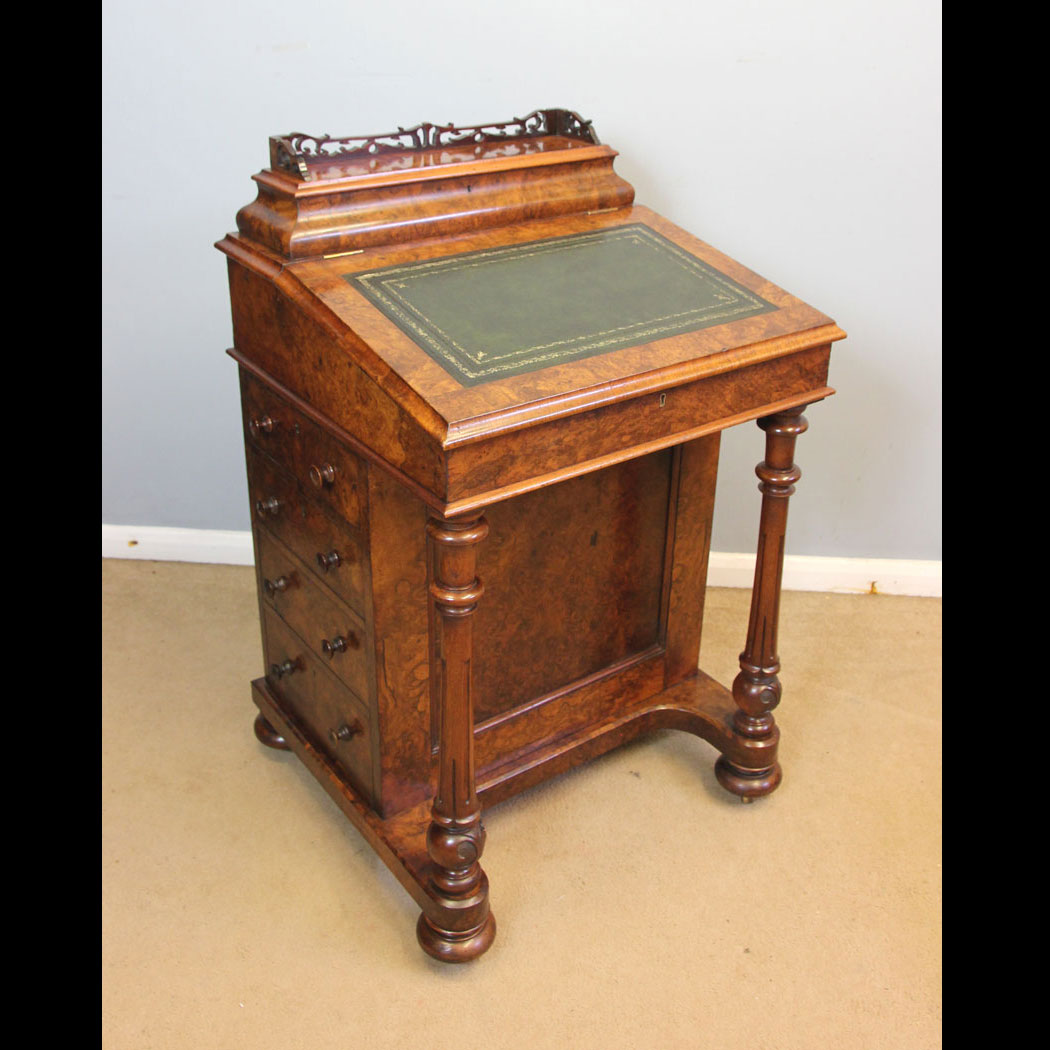 12479r01 Antique Victorian Burr Walnut Davenport Writing Desk, Antique Victorian Burr Walnut Davenport Writing Desk