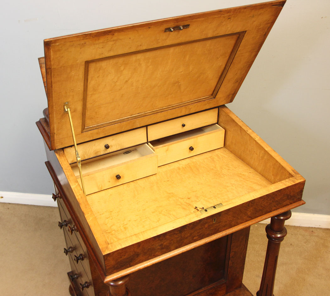 12479r12 Antique Victorian Burr Walnut Davenport Writing Desk, Antique Victorian Burr Walnut Davenport Writing Desk