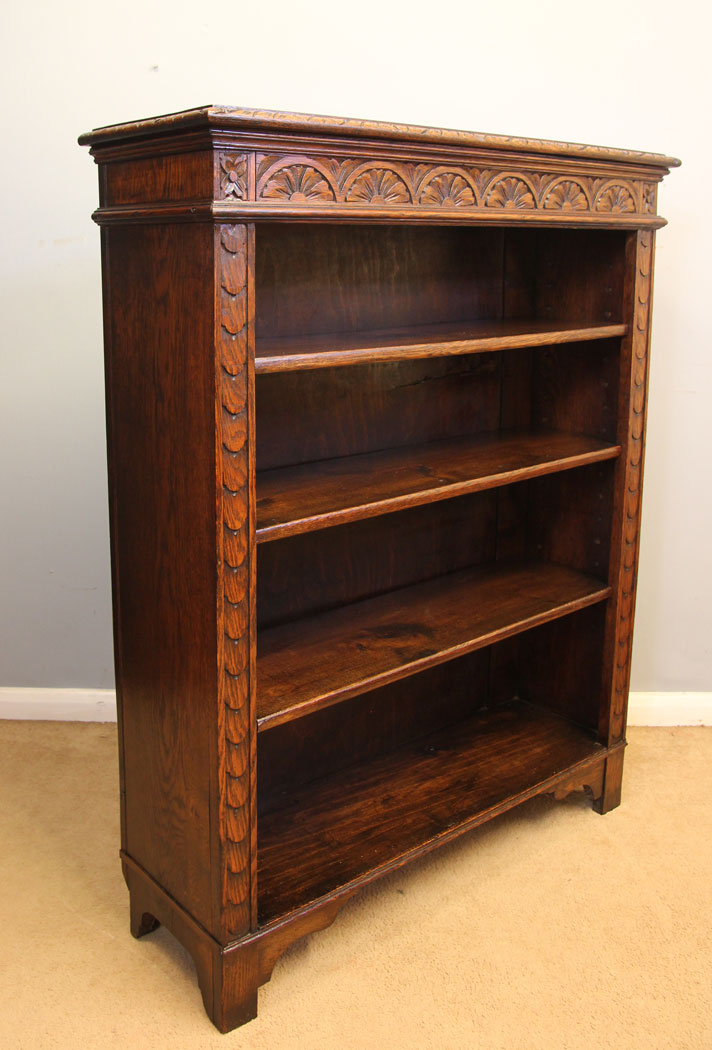 12470r2 Antique Carved Oak Open Bookcase, Antique Carved Oak Open Bookcase
