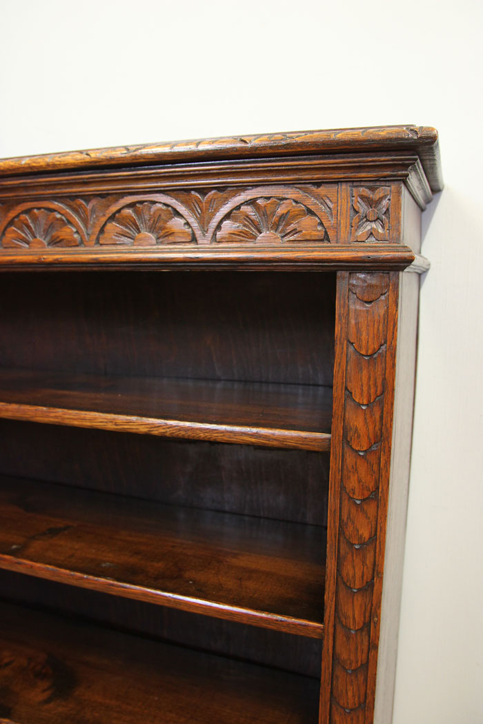 12470r4 Antique Carved Oak Open Bookcase, Antique Carved Oak Open Bookcase