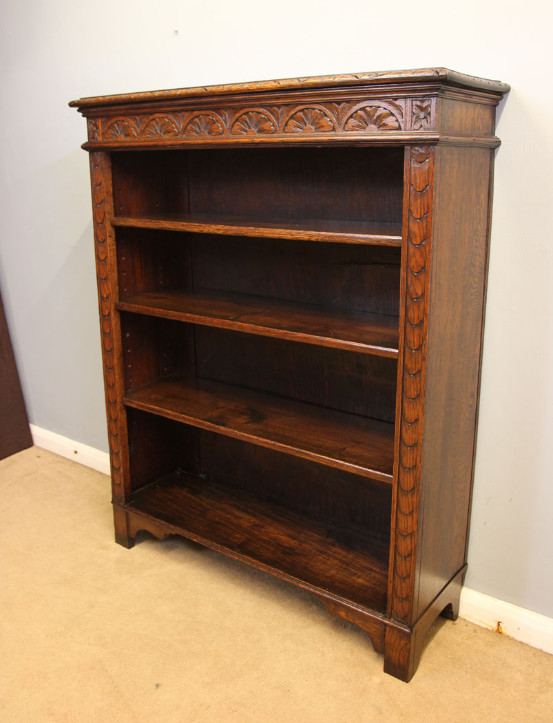 12470r6 Antique Carved Oak Open Bookcase, Antique Carved Oak Open Bookcase