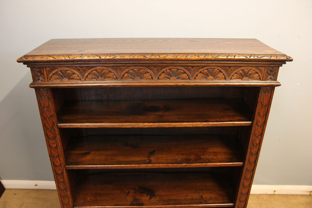 12470r7 Antique Carved Oak Open Bookcase, Antique Carved Oak Open Bookcase