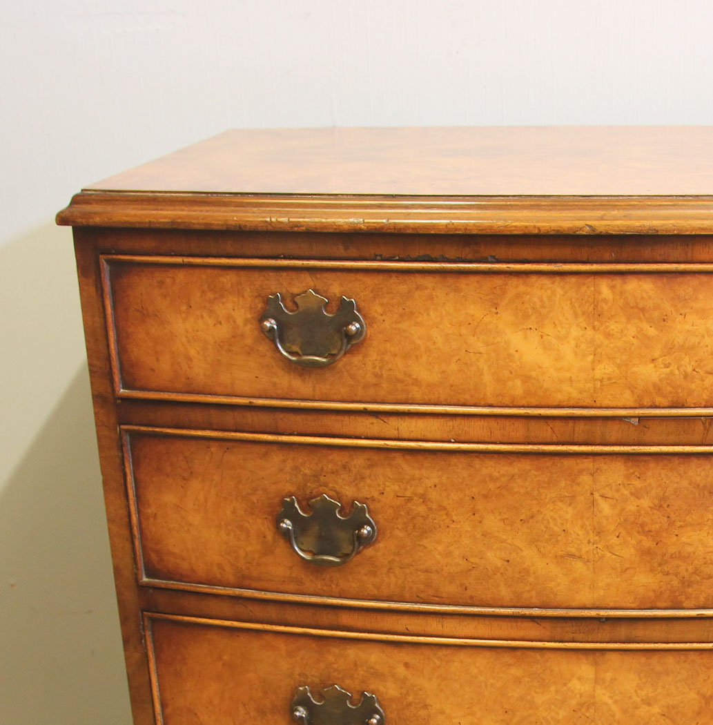 12546r11 Antique Bow Front Burr Walnut Chest Drawers, Antique Burr Walnut Bow Fronted Chest of Drawers