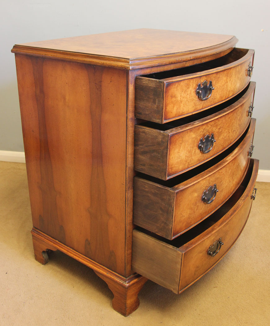 12546r12 Antique Bow Front Burr Walnut Chest Drawers, Antique Burr Walnut Bow Fronted Chest of Drawers
