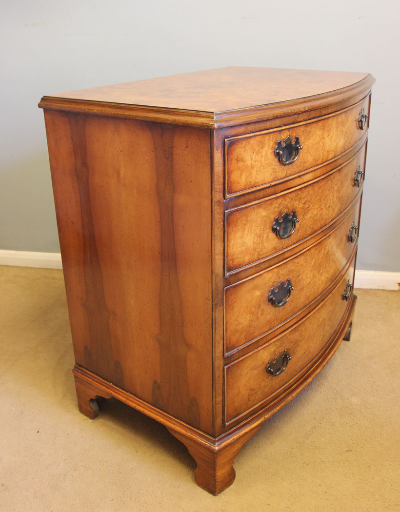 12546r3 Antique Bow Front Burr Walnut Chest Drawers, Antique Burr Walnut Bow Fronted Chest of Drawers