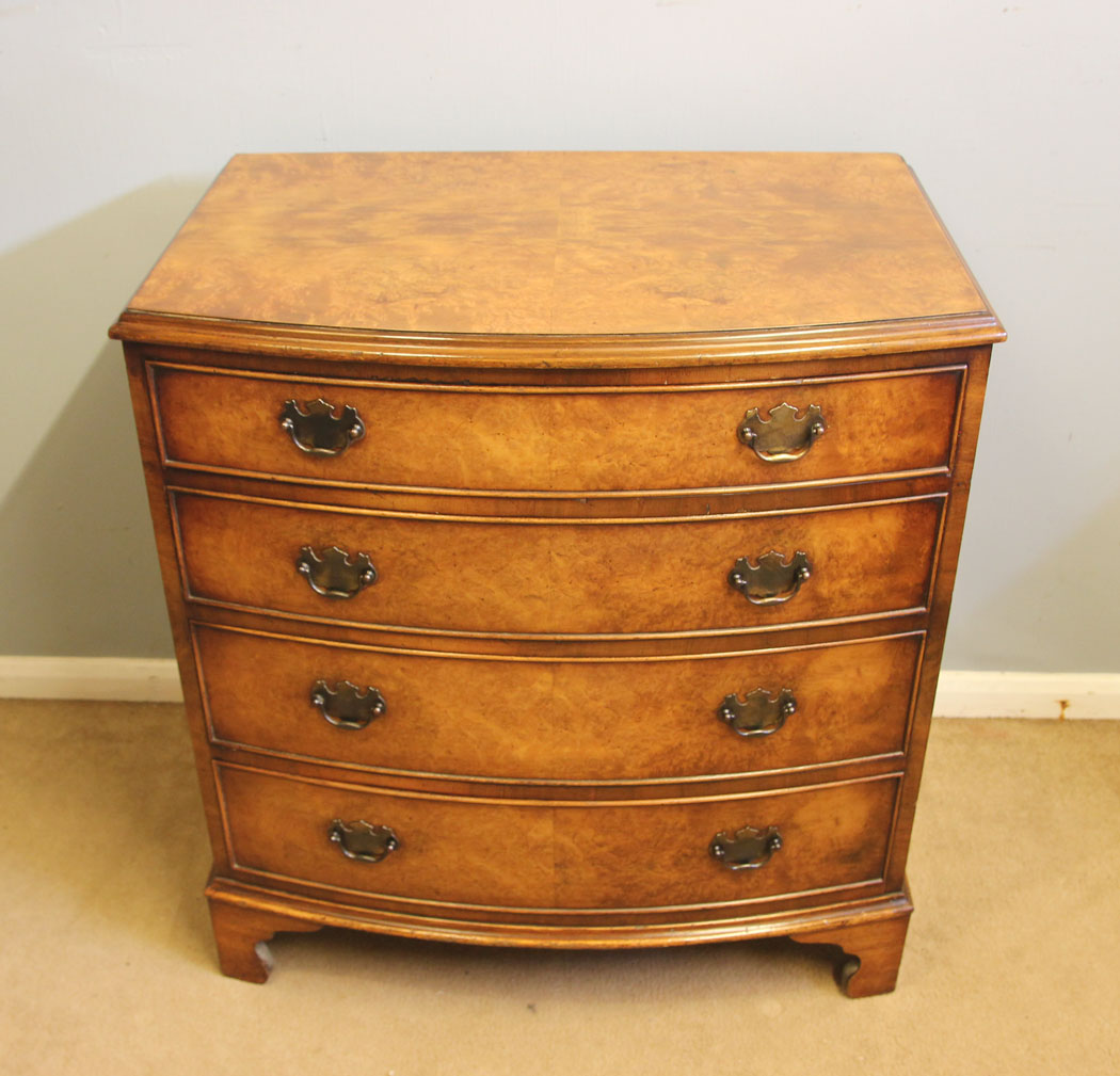 12546r5 Antique Bow Front Burr Walnut Chest Drawers, Antique Burr Walnut Bow Fronted Chest of Drawers