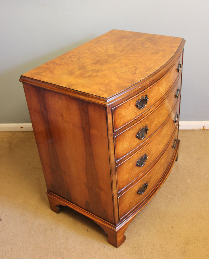 12546r6 Antique Bow Front Burr Walnut Chest Drawers, Antique Burr Walnut Bow Fronted Chest of Drawers