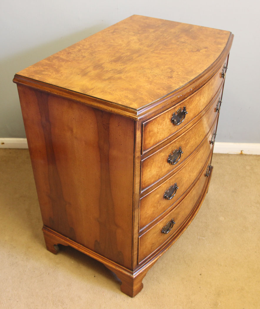 12546r9 Antique Bow Front Burr Walnut Chest Drawers, Antique Burr Walnut Bow Fronted Chest of Drawers