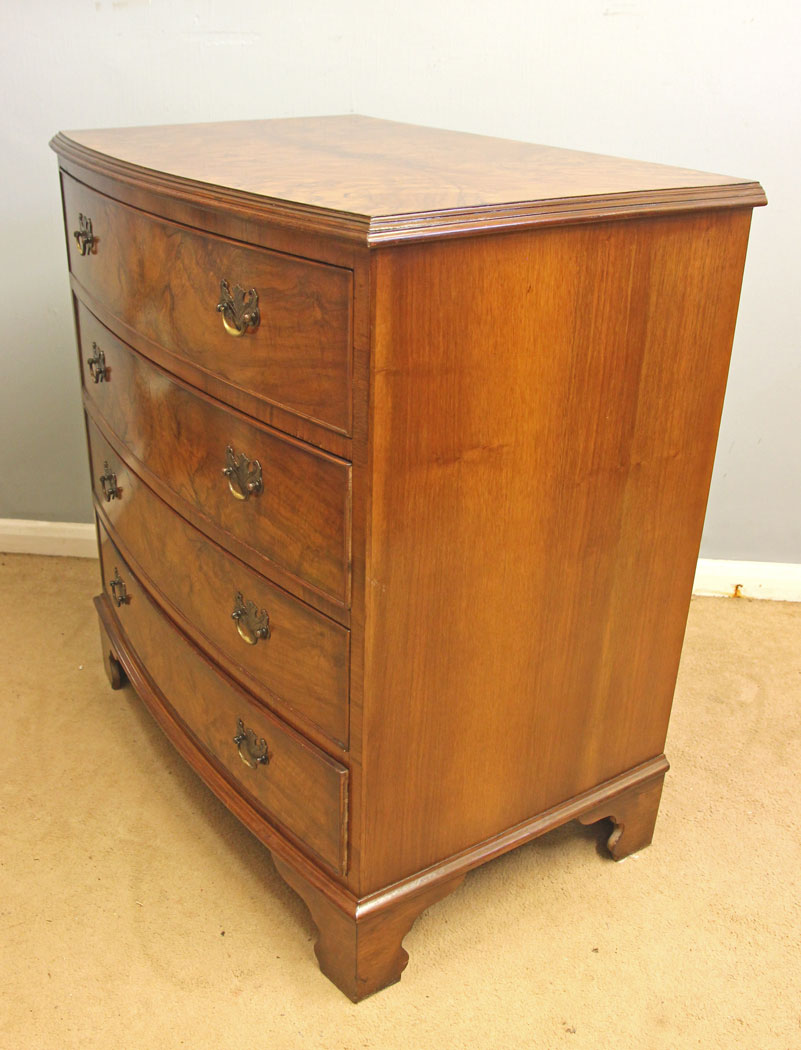 12550r13 Antique Bow Front Burr Walnut Chest of Drawers, Antique Bow Front Burr Walnut Chest of Drawers
