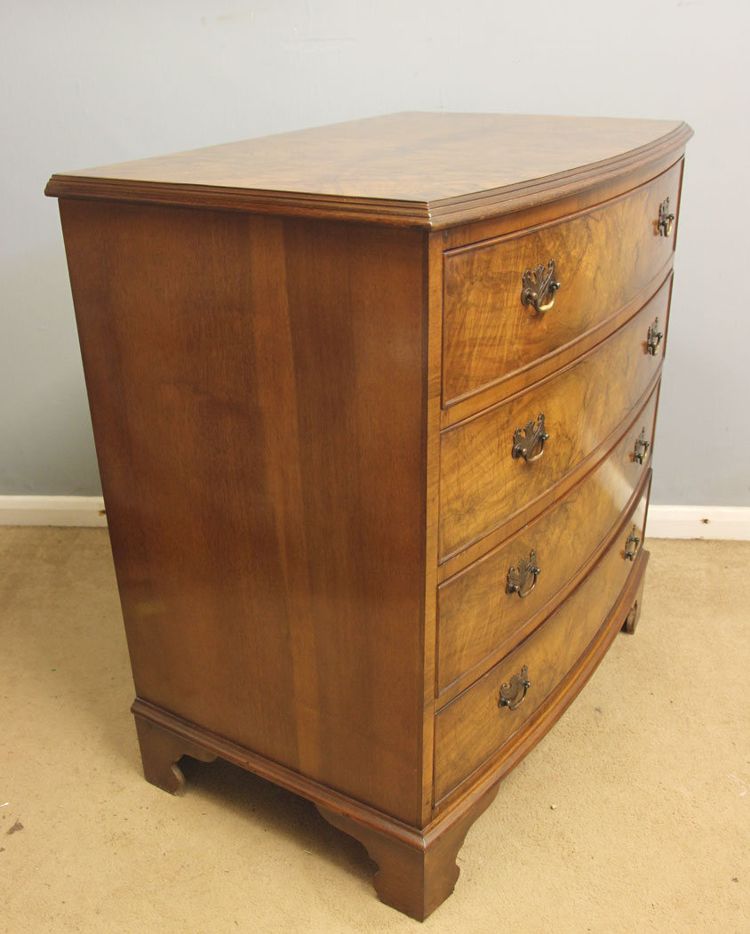 12550r2 Antique Bow Front Burr Walnut Chest of Drawers, Antique Bow Front Burr Walnut Chest of Drawers