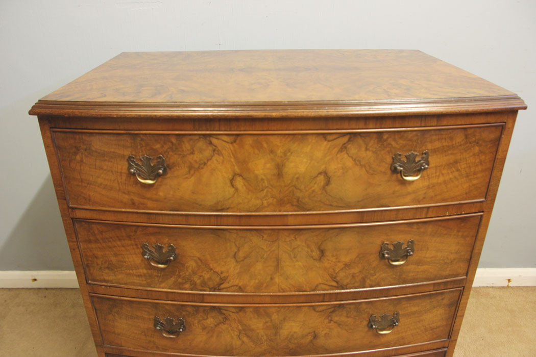12550r3 Antique Bow Front Burr Walnut Chest of Drawers, Antique Bow Front Burr Walnut Chest of Drawers