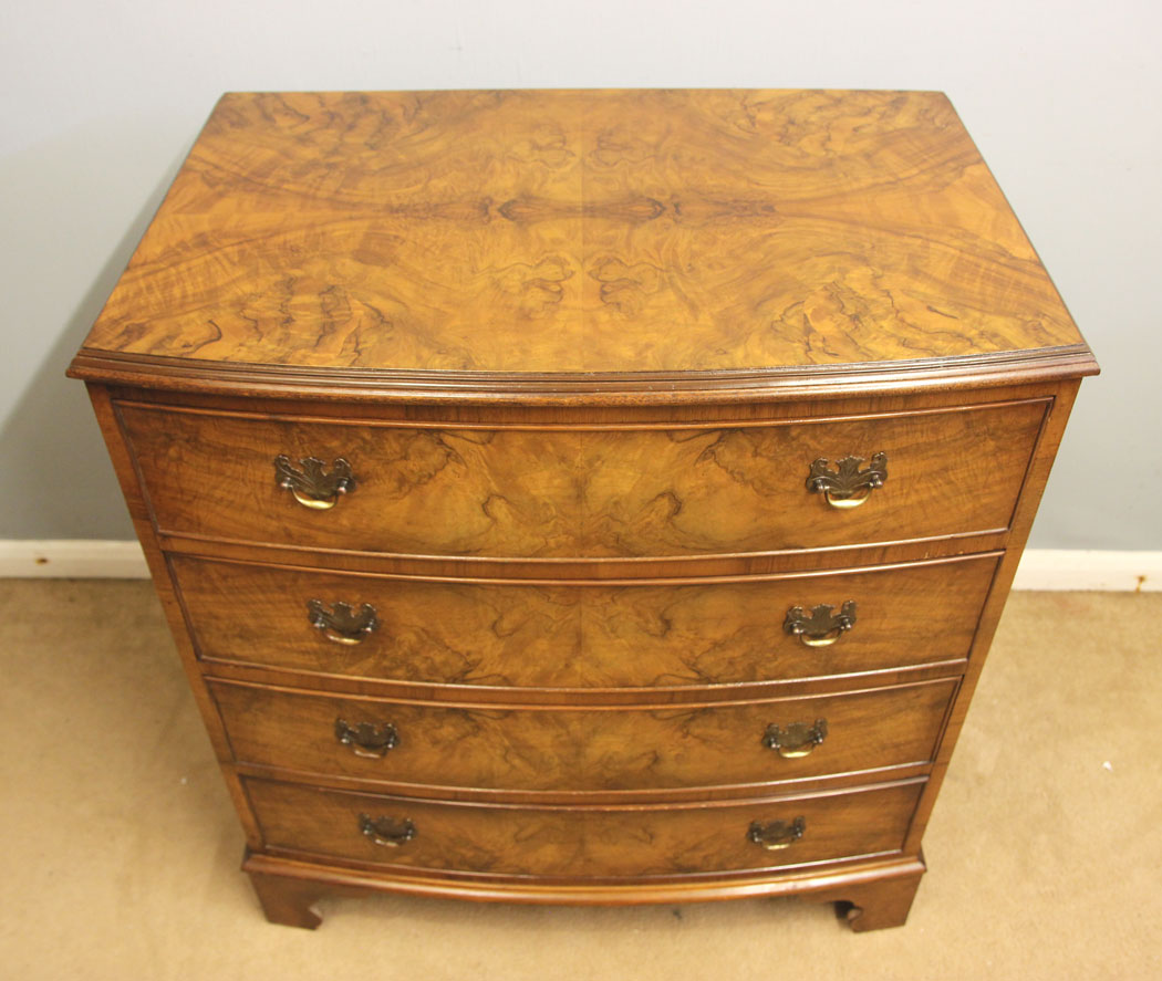 12550r4 Antique Bow Front Burr Walnut Chest of Drawers, Antique Bow Front Burr Walnut Chest of Drawers