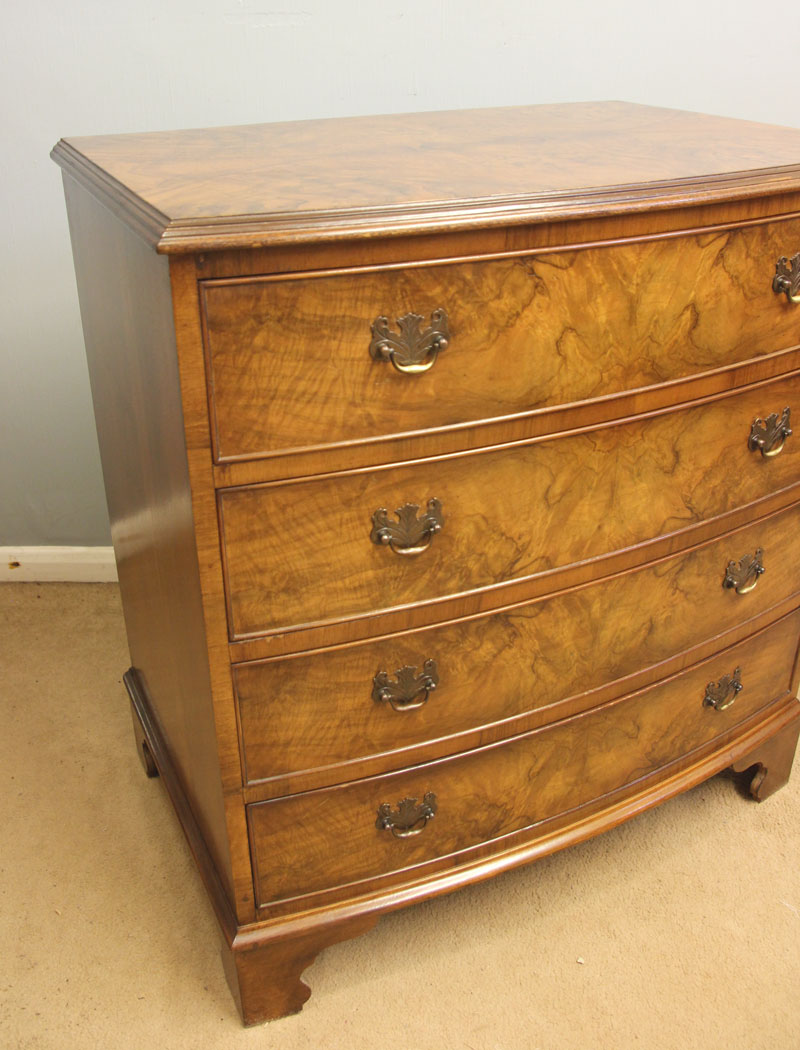 12550r5 Antique Bow Front Burr Walnut Chest of Drawers, Antique Bow Front Burr Walnut Chest of Drawers