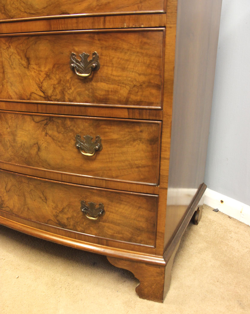 12550r7 Antique Bow Front Burr Walnut Chest of Drawers, Antique Bow Front Burr Walnut Chest of Drawers