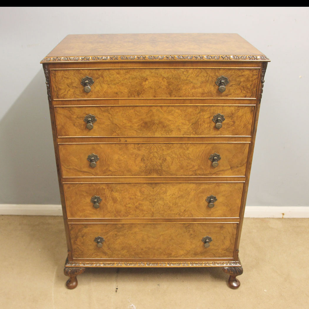 12553r01 Antique Burr Walnut Chest of Drawers, Burr Walnut Chest of Five Drawers