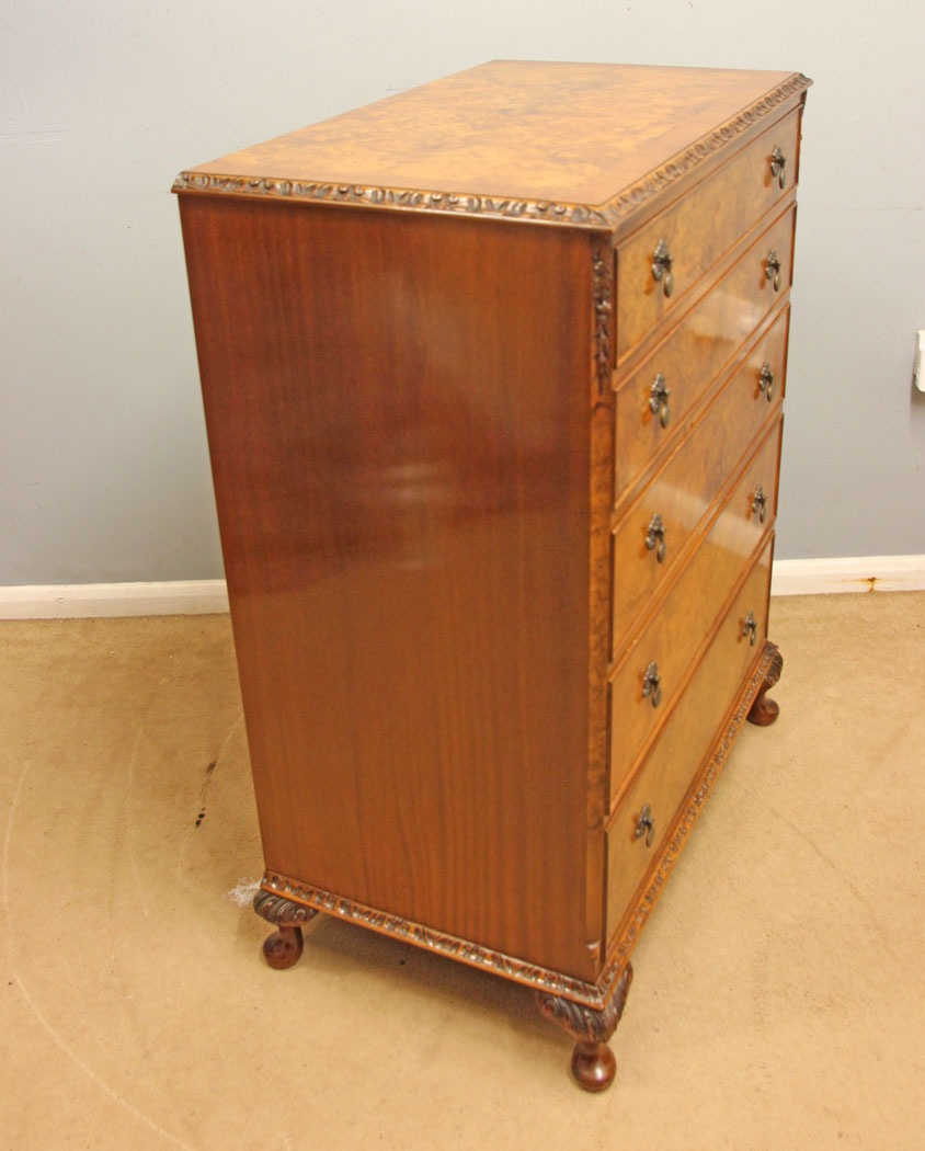 12553r11 Antique Burr Walnut Chest of Drawers, Burr Walnut Chest of Five Drawers