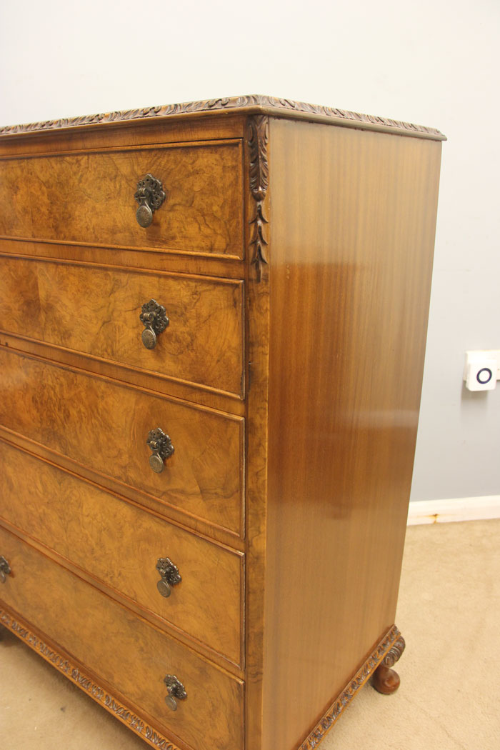 12553r6 Antique Burr Walnut Chest of Drawers, Burr Walnut Chest of Five Drawers