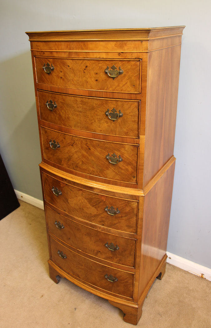 12565r10 Antique Walnut Bow Front Chest on Chest Drawers, Antique Burr Walnut Chest on Chest of Drawers