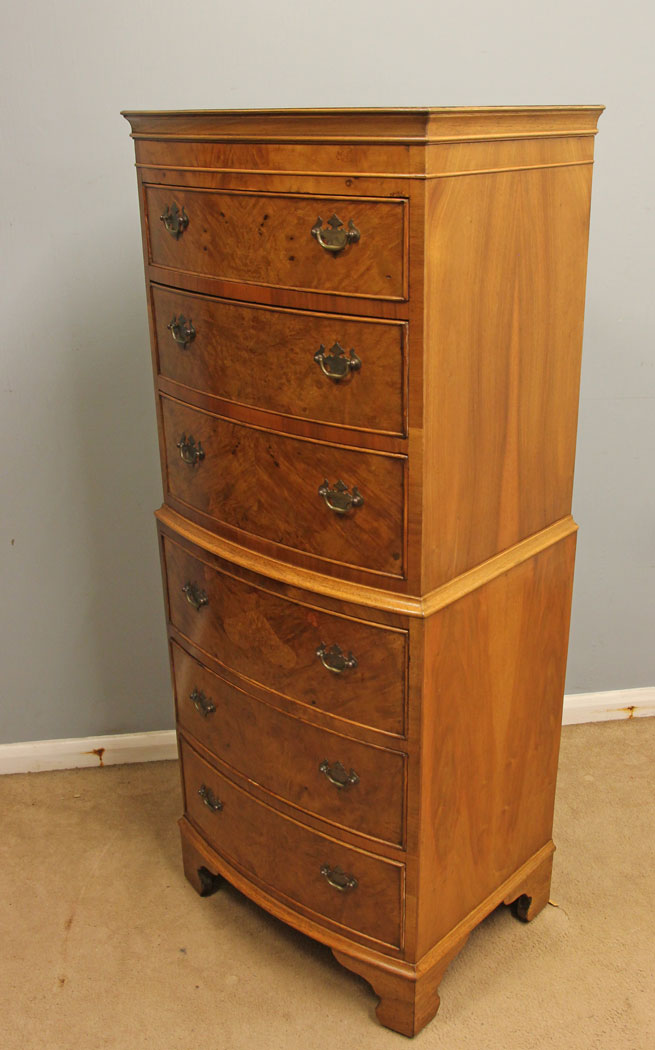 12565r12 Antique Walnut Bow Front Chest on Chest Drawers, Antique Burr Walnut Chest on Chest of Drawers