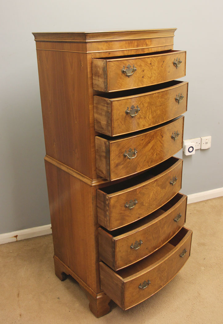 12565r6 Antique Walnut Bow Front Chest on Chest Drawers, Antique Burr Walnut Chest on Chest of Drawers
