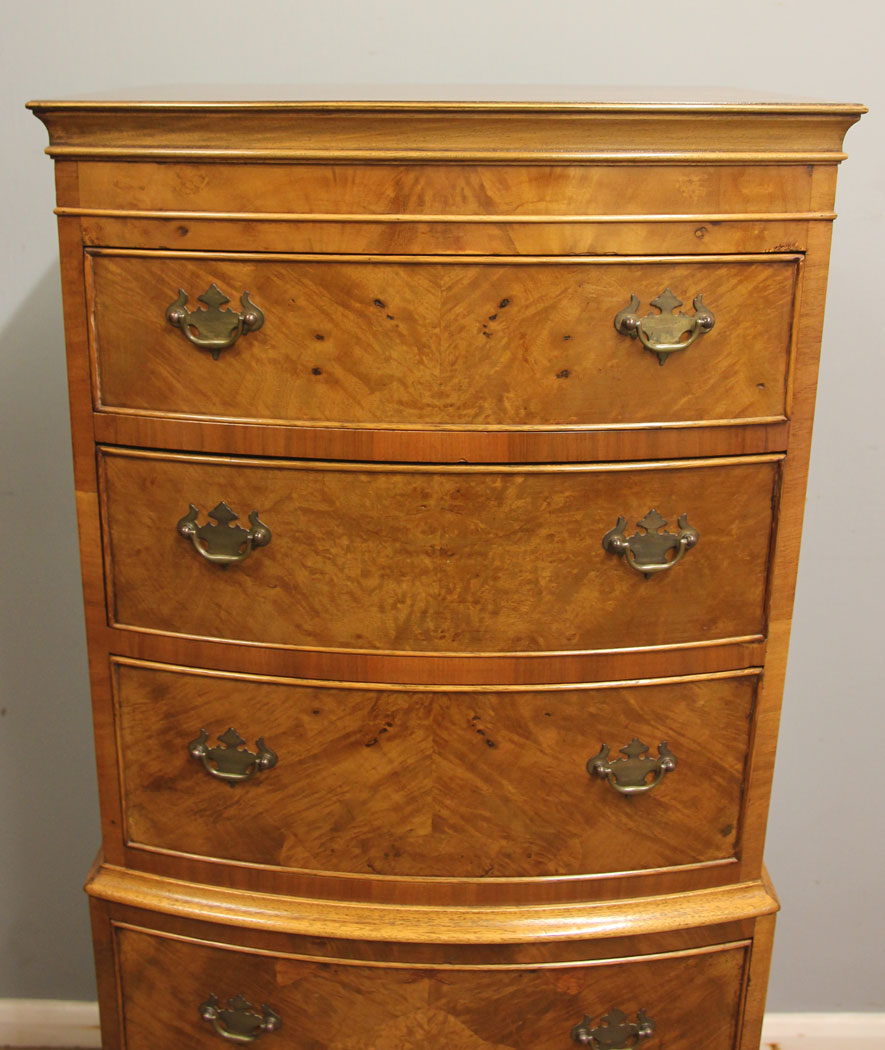 12565r8 Antique Walnut Bow Front Chest on Chest Drawers, Antique Burr Walnut Chest on Chest of Drawers