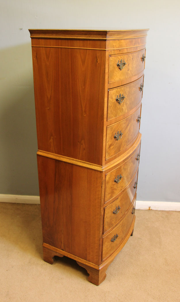 12565r9 Antique Walnut Bow Front Chest on Chest Drawers, Antique Burr Walnut Chest on Chest of Drawers