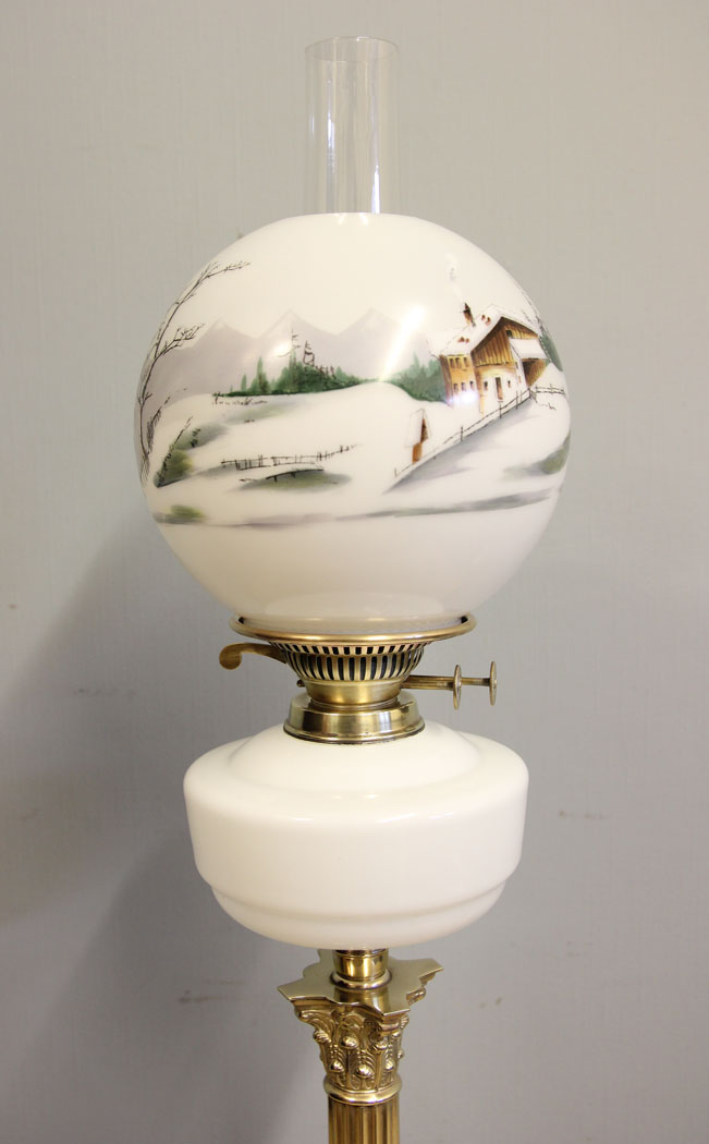 12575r13 Antique Victorian Oil Lamp, Antique Oil Lamp with Snow Winter Scene Shade